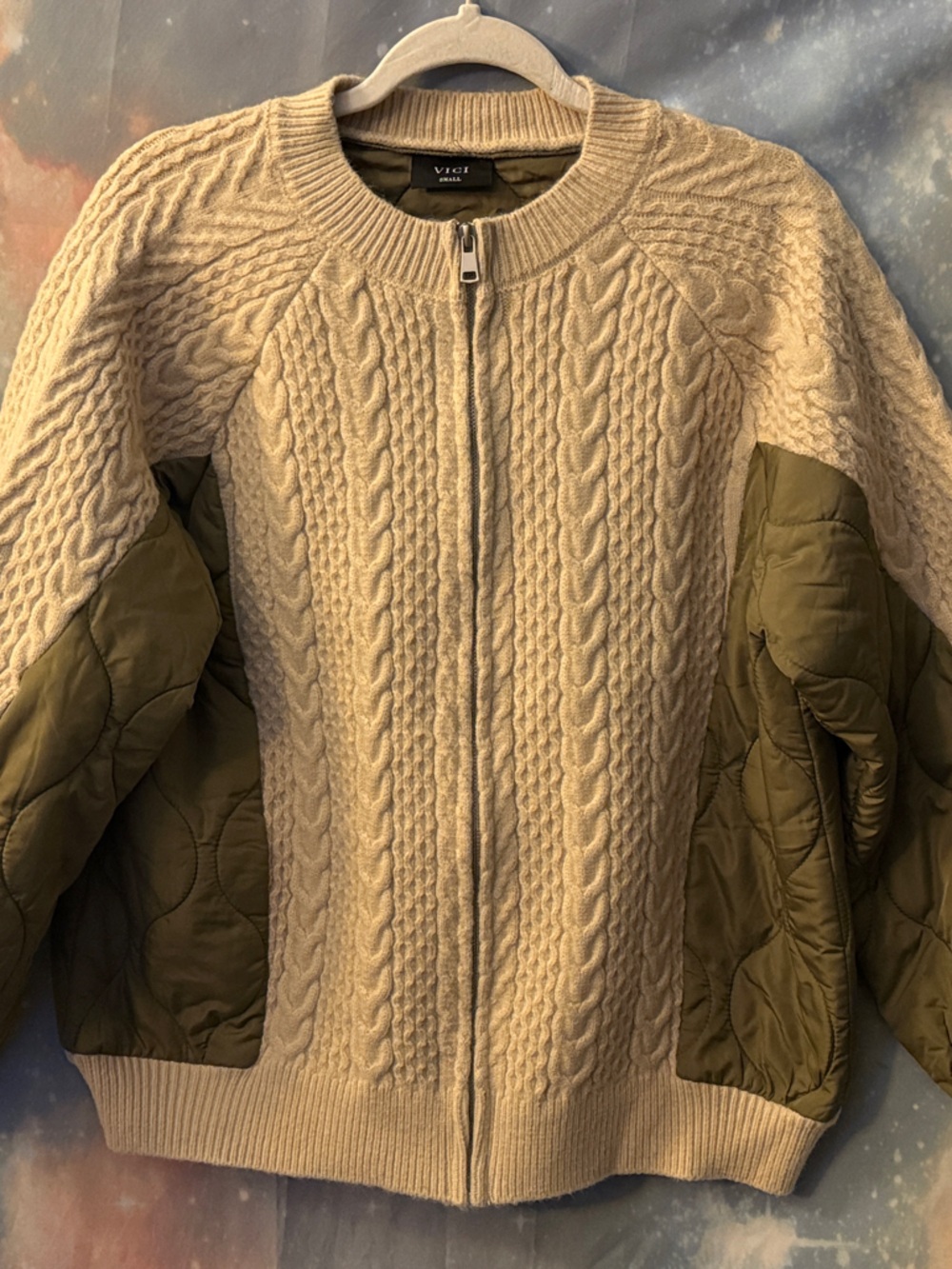 Vici Cream Cable-Knit Zip Sweater with Olive Quilted Sleeves